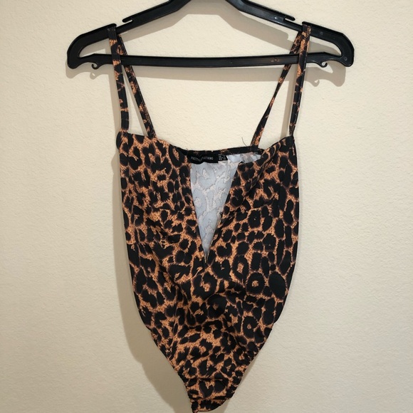 Brown leopard deep V cut body suit - Picture 1 of 4